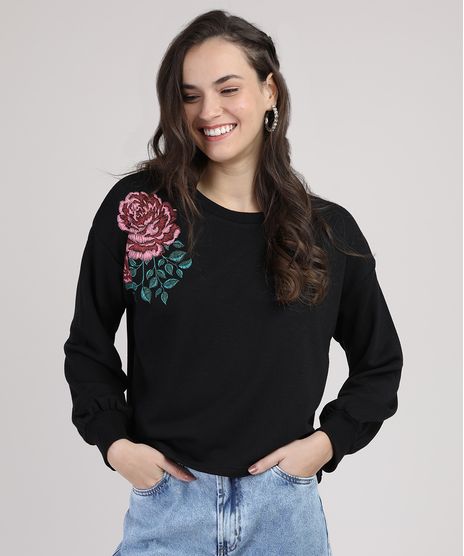 Blusao-de-Moletom-Feminino-com-Bordado-Floral-Decote-Redondo-Preto-9811705-Preto_1