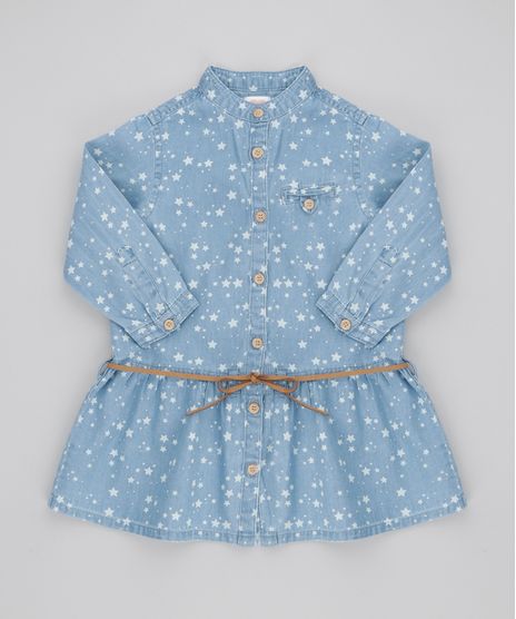 Vestido-Jeans-Estampado-de-estrelas-com-Cinto-Azul-Claro-8459035-Azul_Claro_1