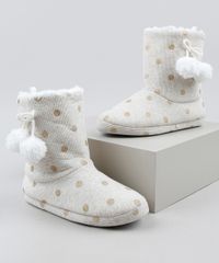 Pantufa-Bota-Feminina-Pelo-com-Pompom-Estampada-de-Poa-Bege-9860465-Bege_1