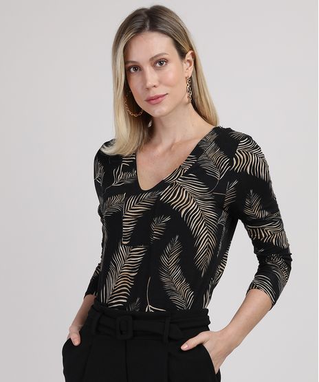Blusa-Feminina-Estampada-de-Folhas-Manga-Longa-Decote-V-Preta-9868290-Preto_1