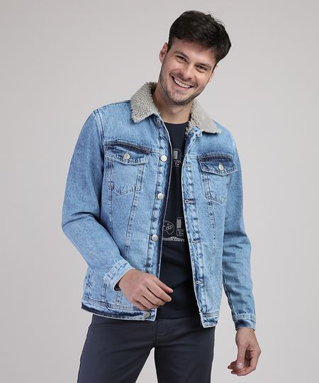 Menor preço em Jaqueta Jeans Masculina com Bolsos e Pelo Azul Médio - G