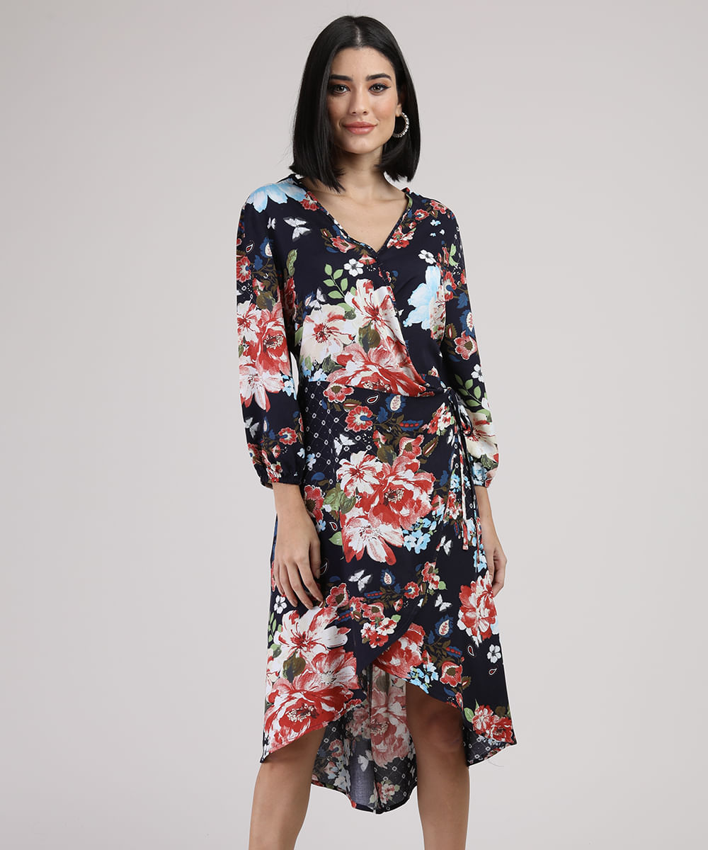 Vestido Feminino Midi Mullet Transpassado Estampado Floral Manga Longa Azul Escuro