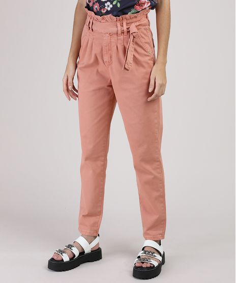 Calca-de-Sarja-Feminina-Sawary-Clochard-Mom-Cintura-Super-Alta-com-Faixa-para-Amarrar-Coral-9945251-Coral_1