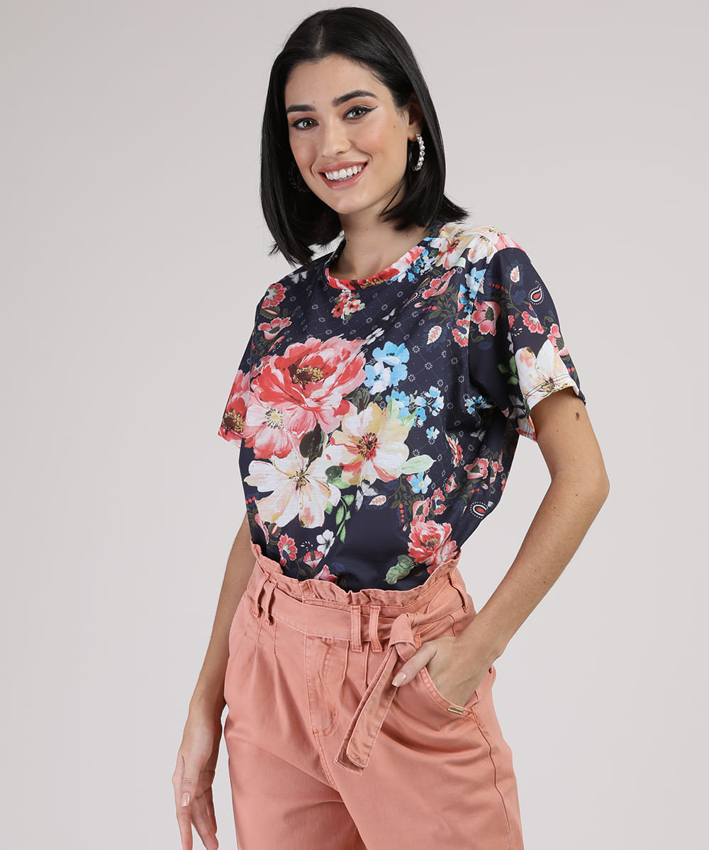 Blusa Feminina Ampla Estampada Floral Manga Curta Decote Redondo Azul Escuro