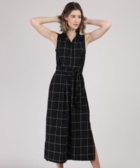 Vestido-Chemise-Feminino-Midi-Estampado-Quadriculado-com-Faixa-para-Amarrar-Sem-Manga-Preto-9943947-Preto_1