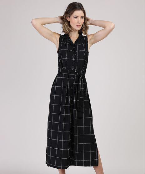 Vestido-Chemise-Feminino-Midi-Estampado-Quadriculado-com-Faixa-para-Amarrar-Sem-Manga-Preto-9943947-Preto_1