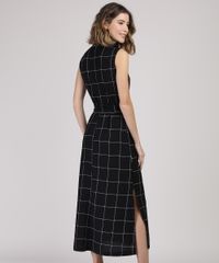 Vestido-Chemise-Feminino-Midi-Estampado-Quadriculado-com-Faixa-para-Amarrar-Sem-Manga-Preto-9943947-Preto_2