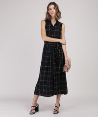 Vestido-Chemise-Feminino-Midi-Estampado-Quadriculado-com-Faixa-para-Amarrar-Sem-Manga-Preto-9943947-Preto_3