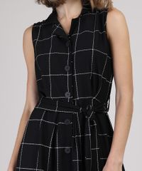 Vestido-Chemise-Feminino-Midi-Estampado-Quadriculado-com-Faixa-para-Amarrar-Sem-Manga-Preto-9943947-Preto_4