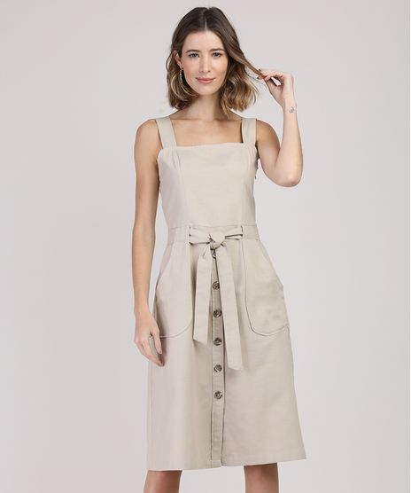 Vestido-Feminino-Midi-com-Bolsos-Alca-Larga-Kaki-9938607-Kaki_1