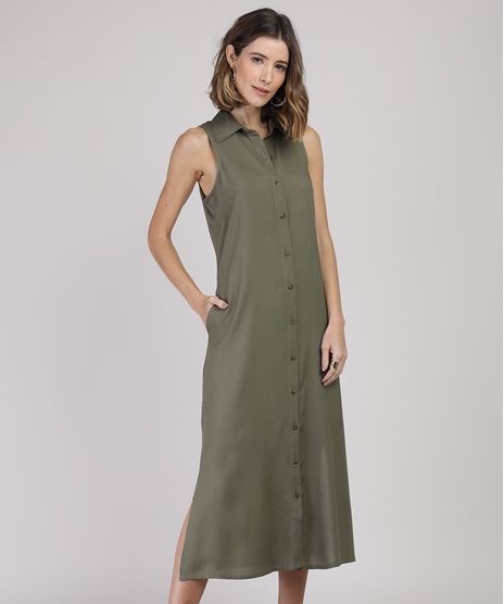 Vestido-Chemise-Feminino-Midi-Sem-Manga-Verde-Militar-9940223-Verde_Militar_1