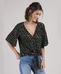 Blusa-Feminina--Onca-com-No-Manga-Curta-Decote-V-Verde-Escuro-9946385-Verde_Escuro_1