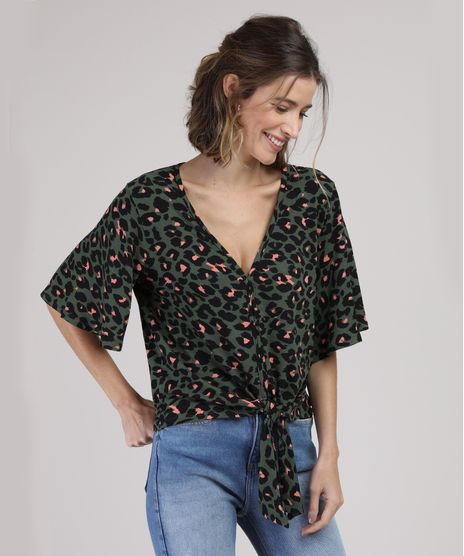 Blusa-Feminina--Onca-com-No-Manga-Curta-Decote-V-Verde-Escuro-9946385-Verde_Escuro_1