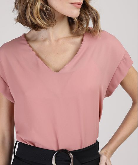 Blusa Feminina Ampla Manga Curta Decote V Rosa Cea