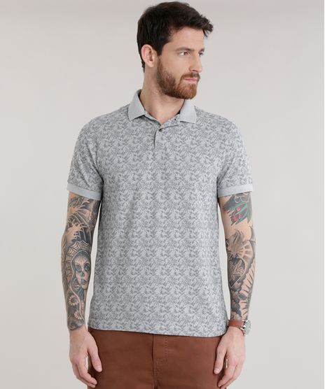 Polo-em-Piquet-Estampada-de-Folhagens-Cinza-Mescla-8653364-Cinza_Mescla_1
