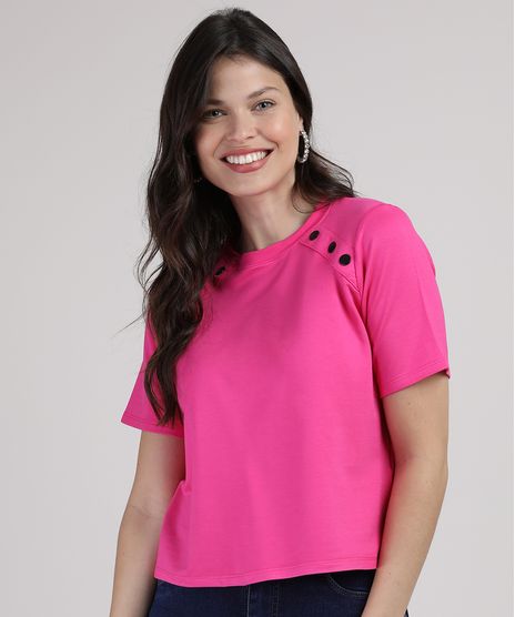 Blusa-Feminina-com-Recortes-e-Botao-Manga-Curta-Decote-Redondo-Pink-9233625-Pink_1