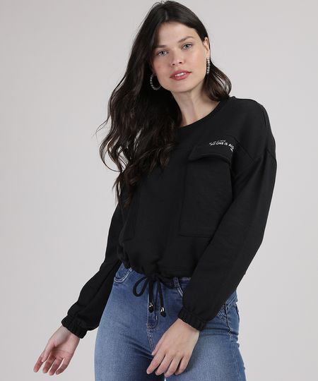 Blusão de Moletom Feminino Amplo com Bolsos e Amarração Decote Redondo Preto - GG Menor preço em Blusão de Moletom Feminino Amplo com Bolsos e Amarração Decote Redondo Preto - GG