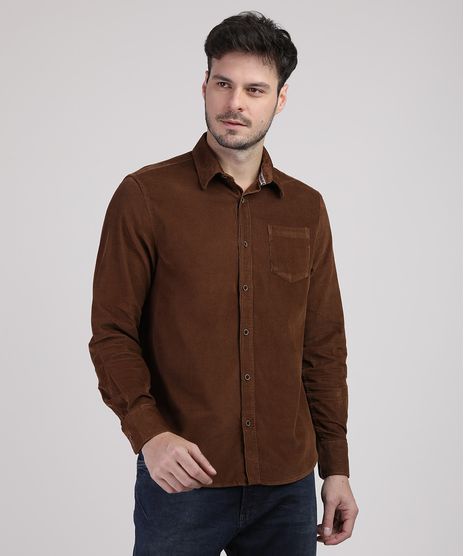 Camisa-de-Veludo-Cotele-Masculina-Tradicional-com-Bolso-Manga-Longa-Marrom-9809551-Marrom_1
