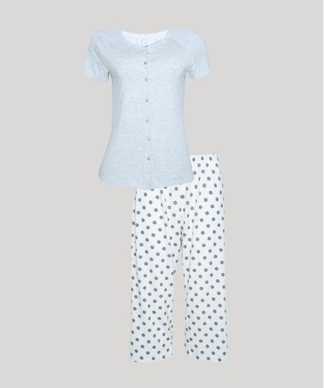 Pijama-Feminino-com-Botoes-e-Renda-Manga-Curta-Cinza-Mescla-Claro-9942049-Cinza_Mescla_Claro_1