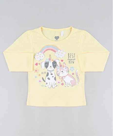 Blusa-Infantil-Cachorro-e-Gato-Manga-Longa-Amarela-9943378-Amarelo_1