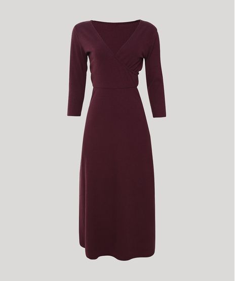 Vestido-Feminino-Midi-Canelado-com-Transpasse-Manga-3-4-Vinho-9882308-Vinho_1