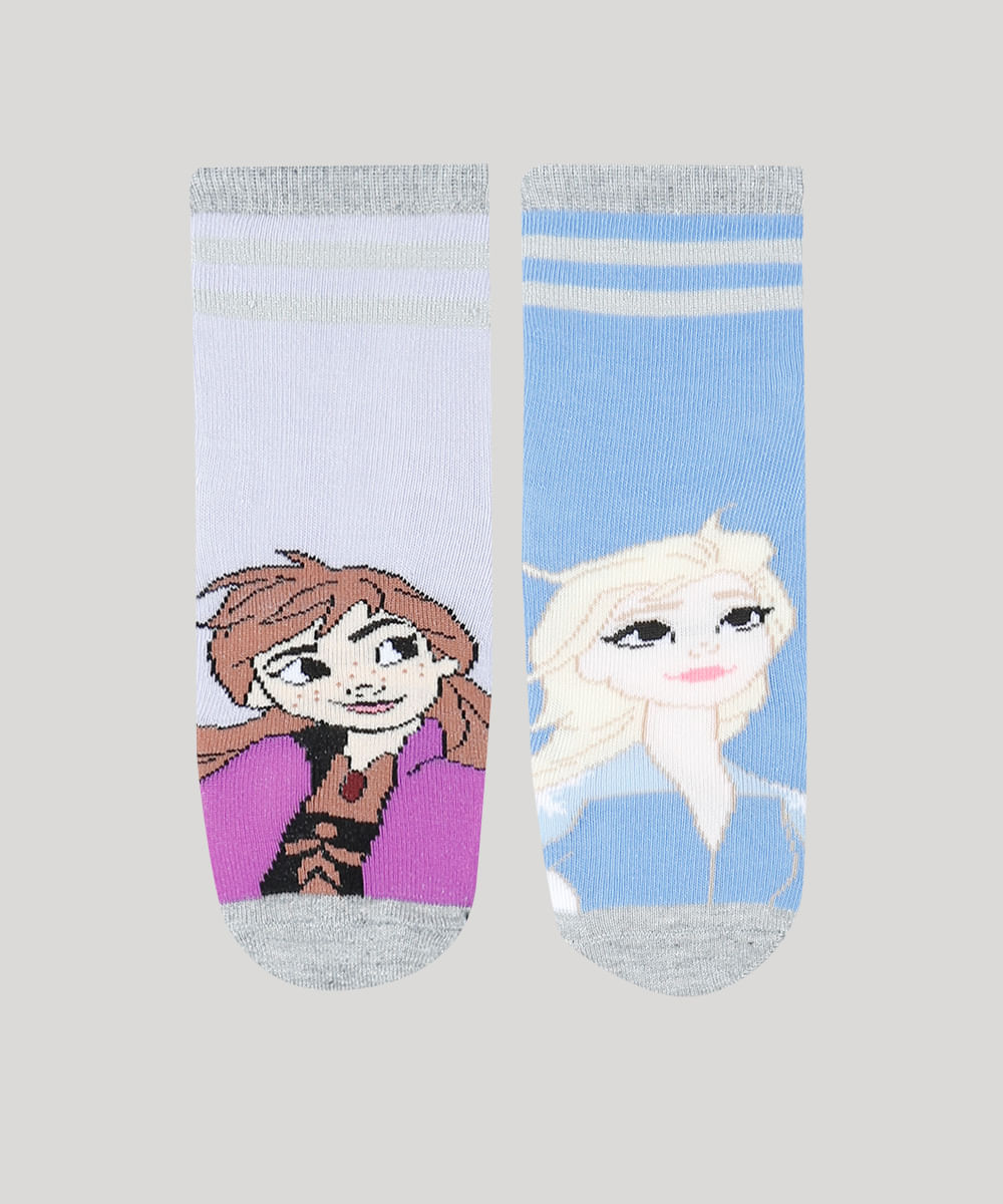 Kit de 2 Meias Infantis Cano Médio Elsa e Anna Frozen Multicor