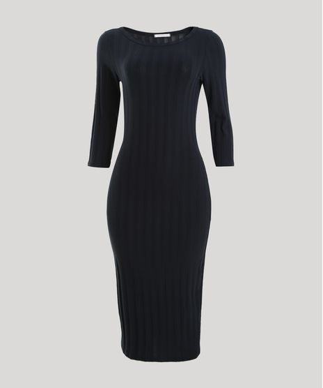 Vestido-Feminino-Midi-Canelado-Manga-3-4-Preto-9944201-Preto_1