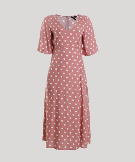 Vestido-Feminino-Midi-Estampado-de-Poa-Manga-Curta-Coral-9942693-Coral_1