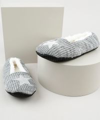 Pantufa-Feminina-em-Trico-com-Bordado-de-Estrela-Cinza-9849649-Cinza_1