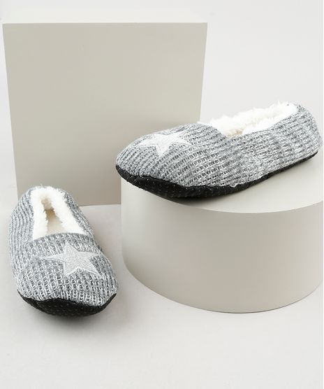 Pantufa-Feminina-em-Trico-com-Bordado-de-Estrela-Cinza-9849649-Cinza_1