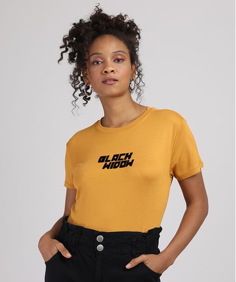 Blusa-Feminina-Viuva-Negra-Manga-Curta-Decote-Redondo-Mostarda-9897594-Mostarda_1