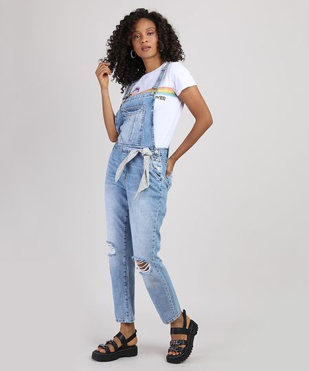 Macacão Jeans Feminino Relaxed com Rasgos e Lenço Azul Claro - 42 Menor preço em Macacão Jeans Feminino Relaxed com Rasgos e Lenço Azul Claro - 42