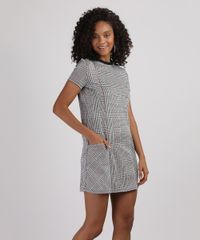 Vestido-de-Jacquard-Feminino-Curto-Estampado-Xadrez-com-Bolsos-Manga-Curta-Bege-Claro-9946268-Bege_Claro_1