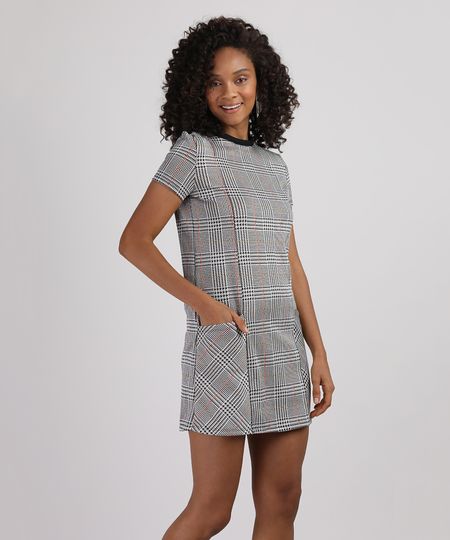 Vestido-de-Jacquard-Feminino-Curto-Estampado-Xadrez-com-Bolsos-Manga-Curta-Bege-Claro-9946268-Bege_Claro_1