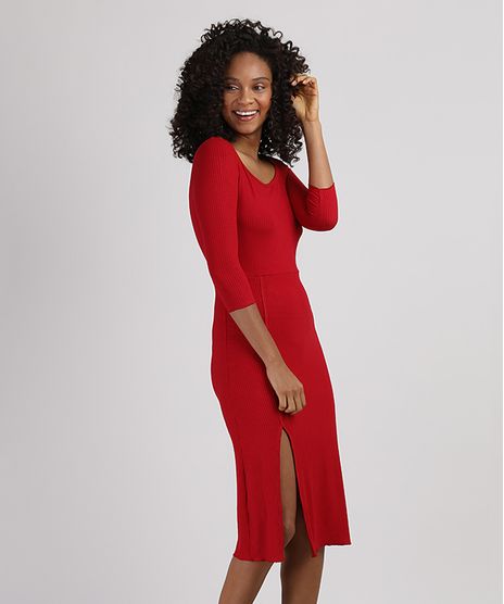 Vestido-Feminino-Midi-Canelado-com-Fenda-Manga-3-4-Vermelho-9943480-Vermelho_1