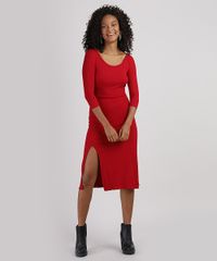 Vestido-Feminino-Midi-Canelado-com-Fenda-Manga-3-4-Vermelho-9943480-Vermelho_3