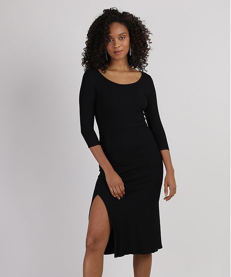 Vestido-Feminino-Midi-Canelado-com-Fenda-Manga-3-4-Preto-9943480-Preto_1