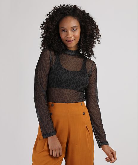 Blusa-de-Tule-Feminina-Estampada-Animal-Print-Onca-Manga-Longa-Gola-Alta-Marrom-Escuro-9942463-Marrom_Escuro_1