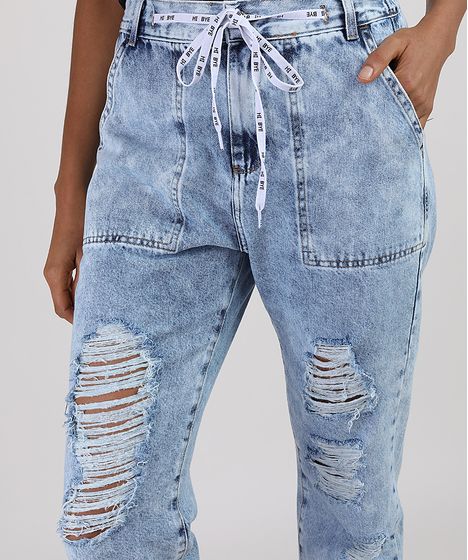 calça jeans com cadarço feminina