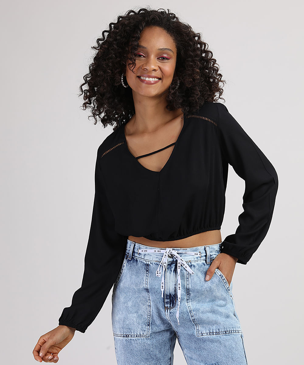 Blusa Feminina Cropped Blusê Manga Longa Decote V Preta