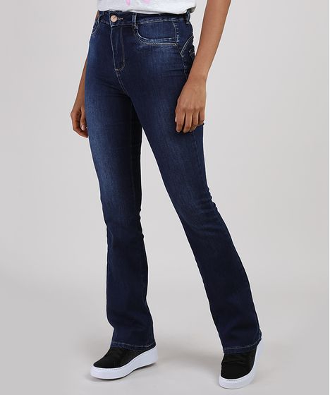 calça jeans flare cintura alta azul escuro