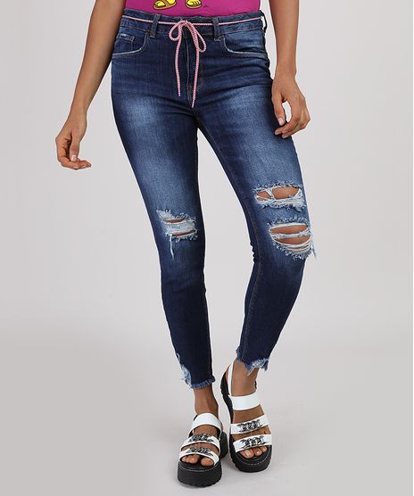 Calca-Jeans-Feminina-Cigarrete-Cintura-Media-Destroyed-com-Cinto-Cadarco-Azul-Escuro-9935115-Azul_Escuro_1