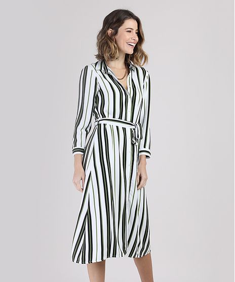 Vestido-Chemise-Feminino-Midi-Listrado-com-Faixa-para-Amarrar-Manga-7-8-Branco-9942689-Branco_1