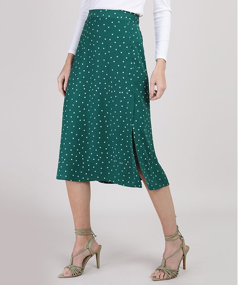 Saia-Feminina-Midi-Estampada-de-Poa-com-Fenda-Verde-Escuro-9882523-Verde_Escuro_1