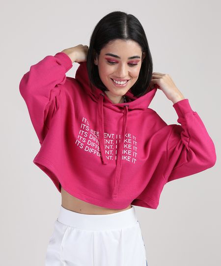 Moletom Cropeed Feminino com Capuz Pink Frente Moletom Cropeed Feminino com Capuz Pink Frente