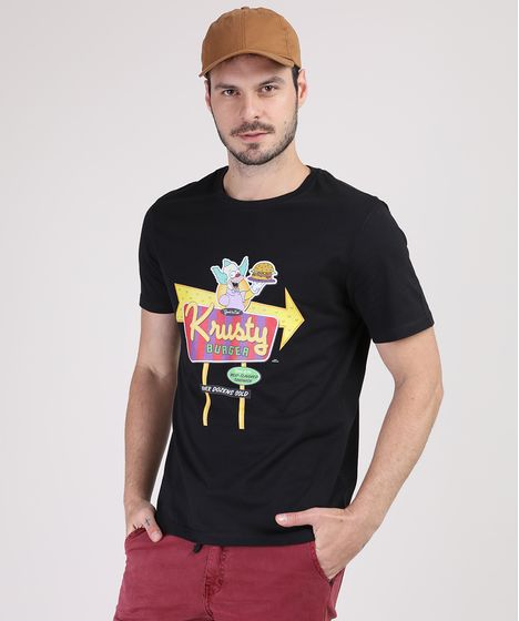 Camiseta Oxer Básica Mescla Raglan Masculina Camiseta Masculina Os Simpsons Manga Curta Gola Careca Preta Cea