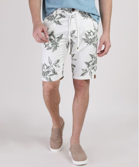 Bermuda-Masculina-Estampada-de-Folhagem-com-Cordao-Bege-Claro-9943360-Bege_Claro_1