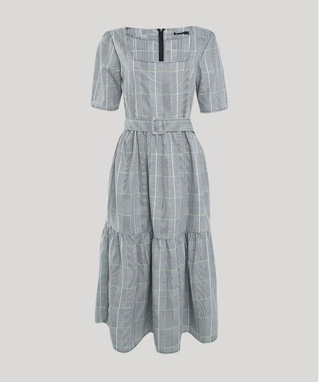 Vestido-Feminino-Mindset-Midi-Estampado-Xadrez-com-Recorte-e-Cinto-Manga-Curta-Cinza-Mescla-9950465-Cinza_Mescla_1