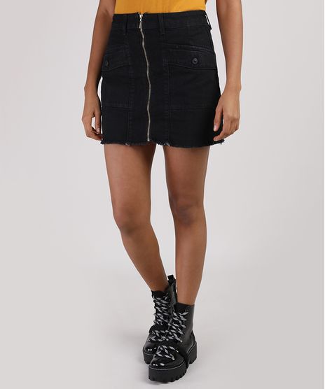 Saia-Jeans-Feminina-Curta-com-Bolsos-e-Ziper-Preta-9944954-Preto_1