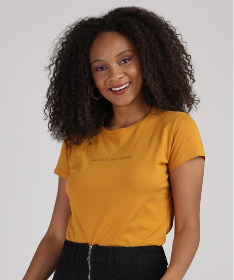 Blusa-Feminina--Respeite-Seu-Tempo--Manga-Curta-Decote-Redondo-Mostarda-9947756-Mostarda_1